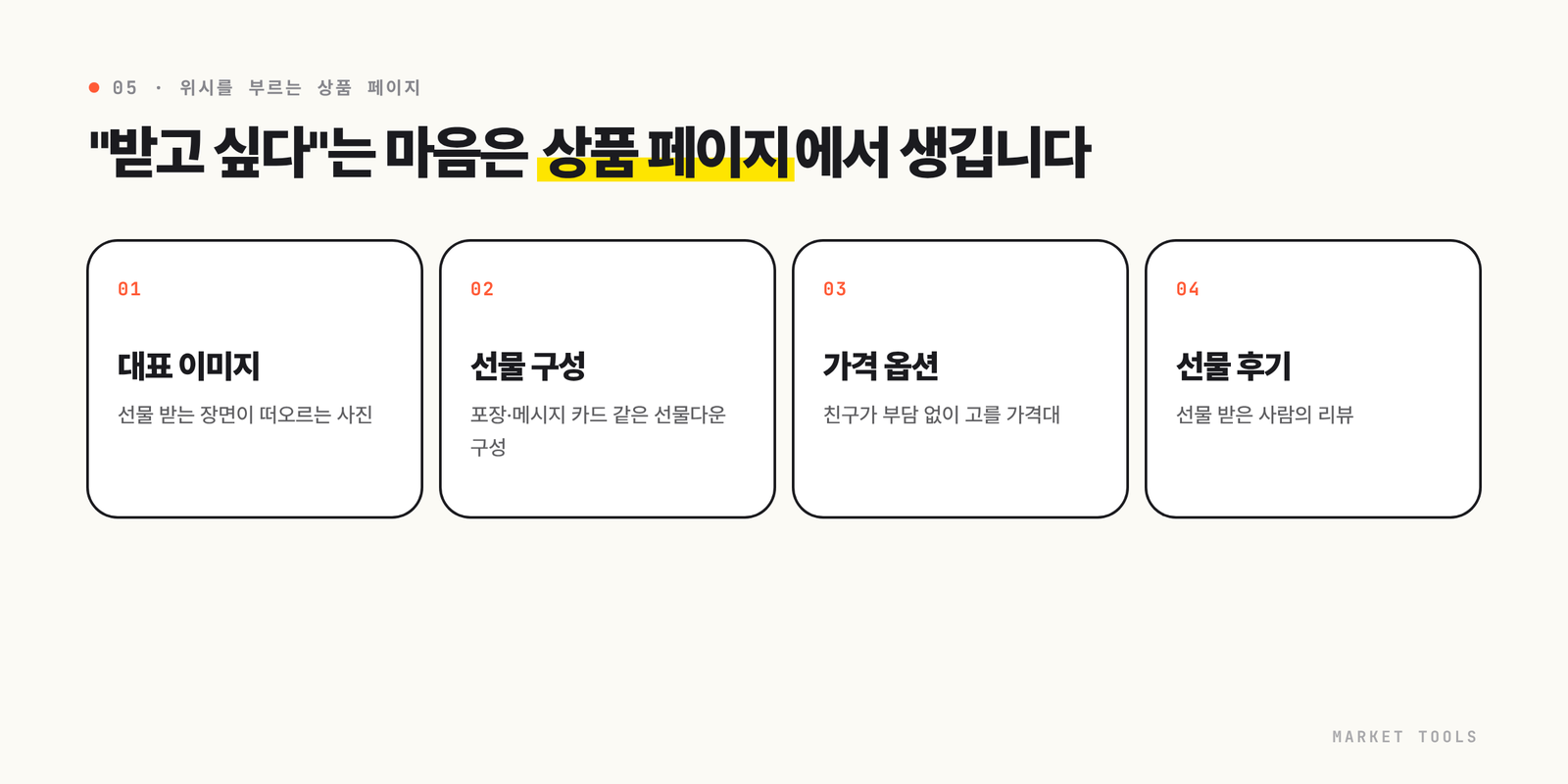위시를 부르는 카카오 선물하기 상품 페이지의 대표 이미지, 선물 구성, 가격 옵션, 선물 후기 네 가지 요소